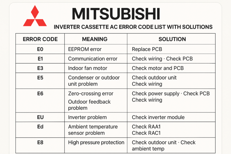 Mitsubishi Inverter Cassette AC Error Code List with Solutions